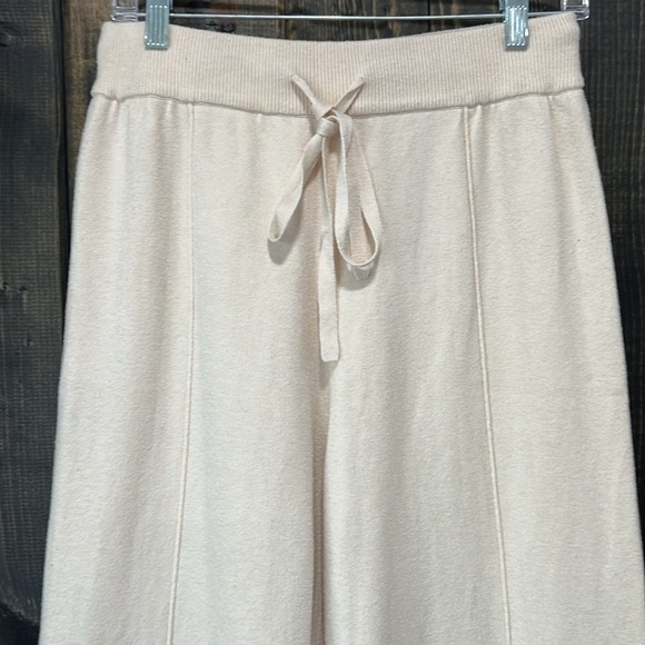 Wide Leg High Waist Pants L Cream Ribbed Boho Stretch Sweatpants Drawstring - Picture 2 of 8